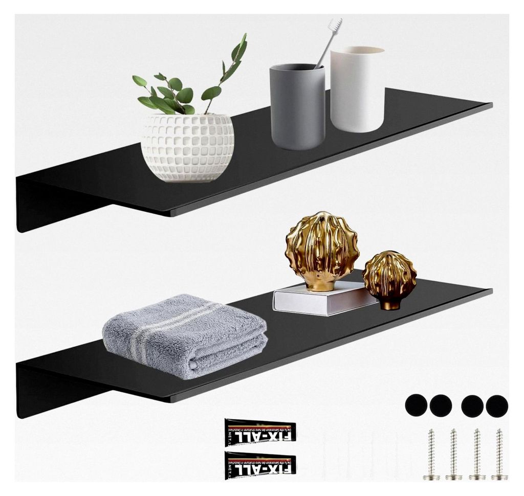 2 Stück Wandregal Schwarz Hängeregal Bilderleiste Wandboard Schwebendes Regal mit 4 Schrauben und 2 Klebern für Küche, Büro und Wohnzimmer (L3...
