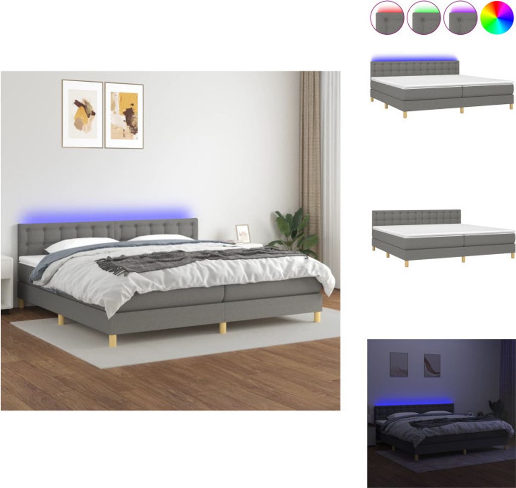vidaXL Boxspringbett mit Matratze & LED Dunkelgrau 200x200 cm Stoff - Betten & Bettgestelle