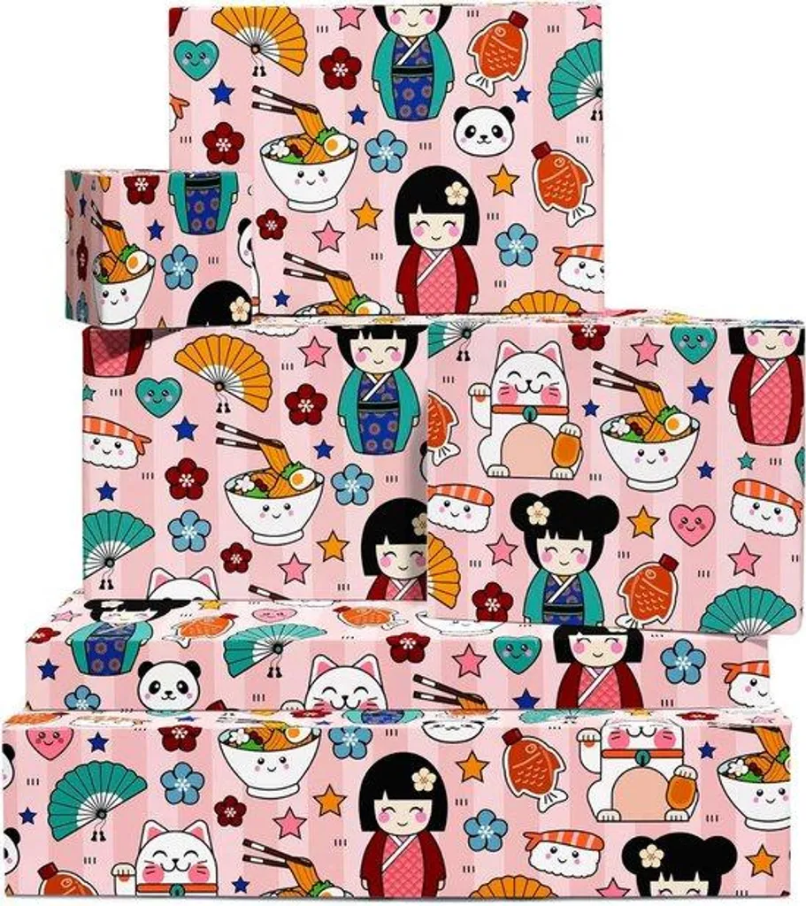 Emballage cadeau anniversaire fille rose : 6 feuilles thème Japon sushi