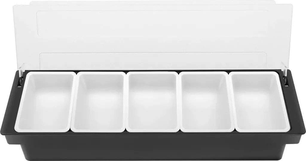 Stazione refrigerata per contorni - Contenitore da bar - 5 scomparti - Plastica ABS - Riutilizzabile - Per frutta e verdura - Nero
