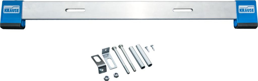 A product shot of a metal traverse bar with blue end caps and a set of hardware components below it, all on a white background.