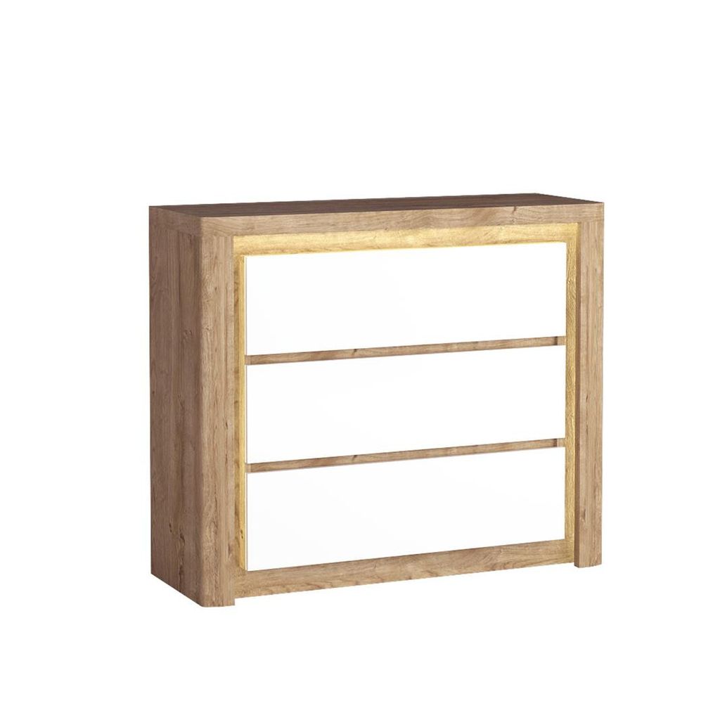 Bettso Kommode mit 3 Schubladen Sideboard für Schlafzimmer Wohnzimmer LIVINIO 114 x 97 cm Weiß Glanz + Eiche