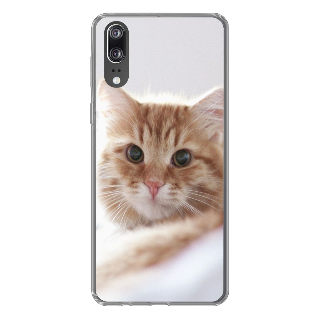 MuchoWow Handyhülle Schutzhülle Hülle für Huawei P20 Katze - Rot - Bett - Mädchen - Kinder - Jungen Silikon Softcase Handy Hülle - Hardcover