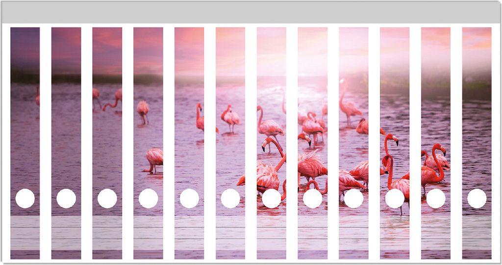 Wallario Ordnerrücken Sticker, selbstklebend für schmale Ordner, 12 Stück, Motiv Rosa Flamingos bei Sonnenuntergang