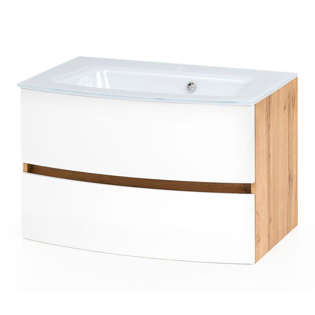 Badezimmer Waschtisch 80 cm Wotaneiche Nb. mit matt weiß LAURIA-03 inkl. Glaswaschbecken weiß, BxHxT: ca. 80x53x49 cm