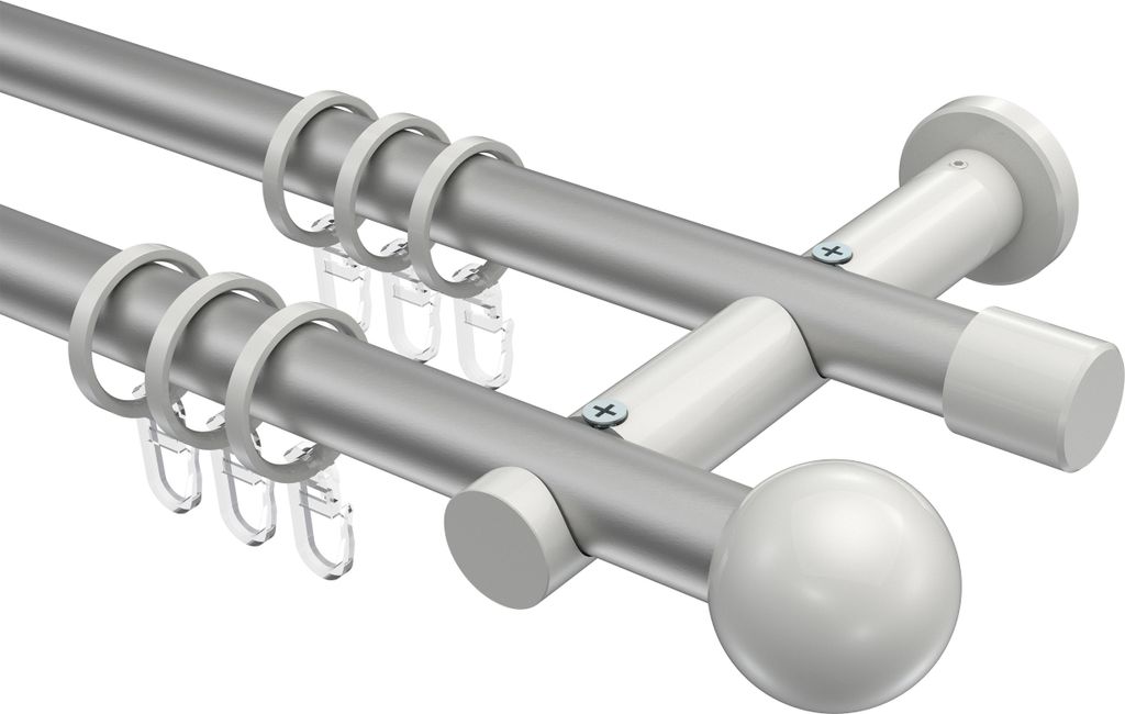 Interdeco Gardinenstange / Vorhangstange Silbergrau / Weiß, Typ Platon Luino (Kugel), 20 mm Ø 2-läufig, 540 cm