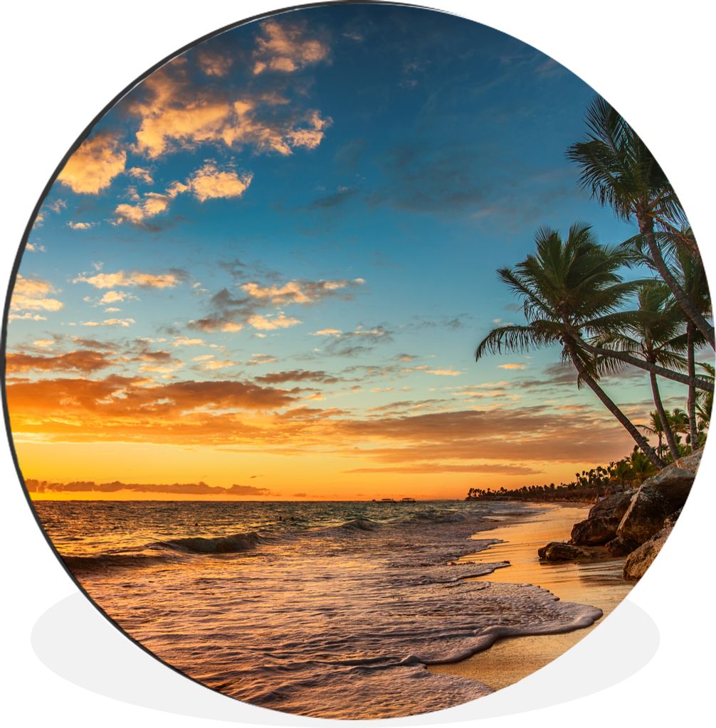 MuchoWow Aluminium Wandkreis Strand - Sonnenuntergang - Meer - Palme Ø 60 cm Wanddeko Modern Wohnzimmer - Wand Kreis - Wandbild - Schlafzimmer -...