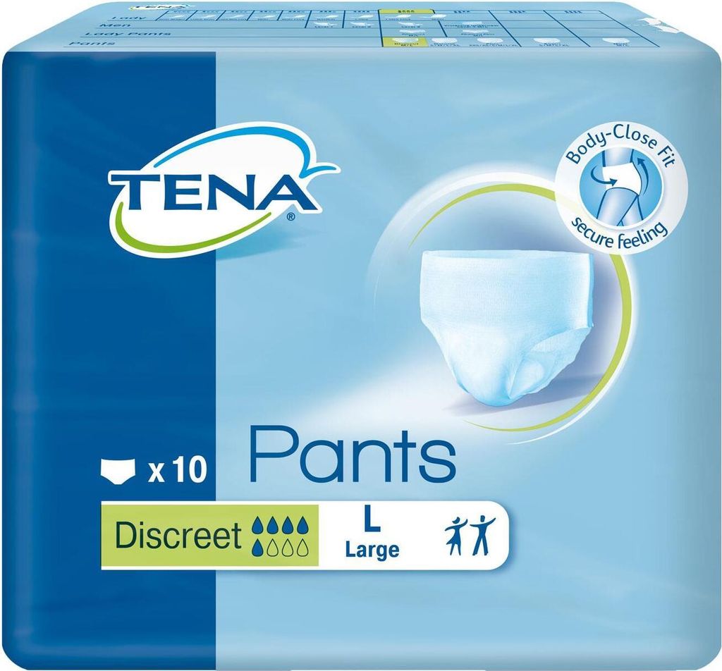 Packaging for TENA Pants Discreet incontinence underwear.