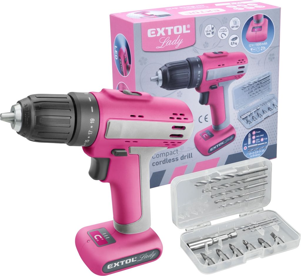 Extol Lady Akkubohrschrauber, Pink, 12V, inkl. Zubehör Produktbild 