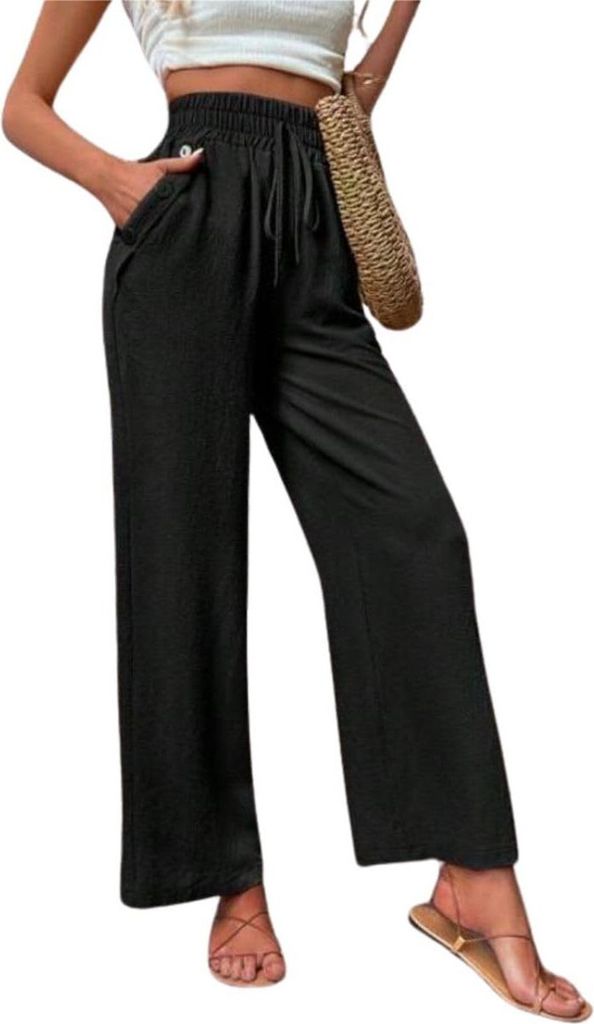 ASKSA Damen Hose Hohe Taille Weitem Bein Einfarbig Freizeithose Tunnelzug Leicht Sommerhose Mit Taschen (Schwarz,S)