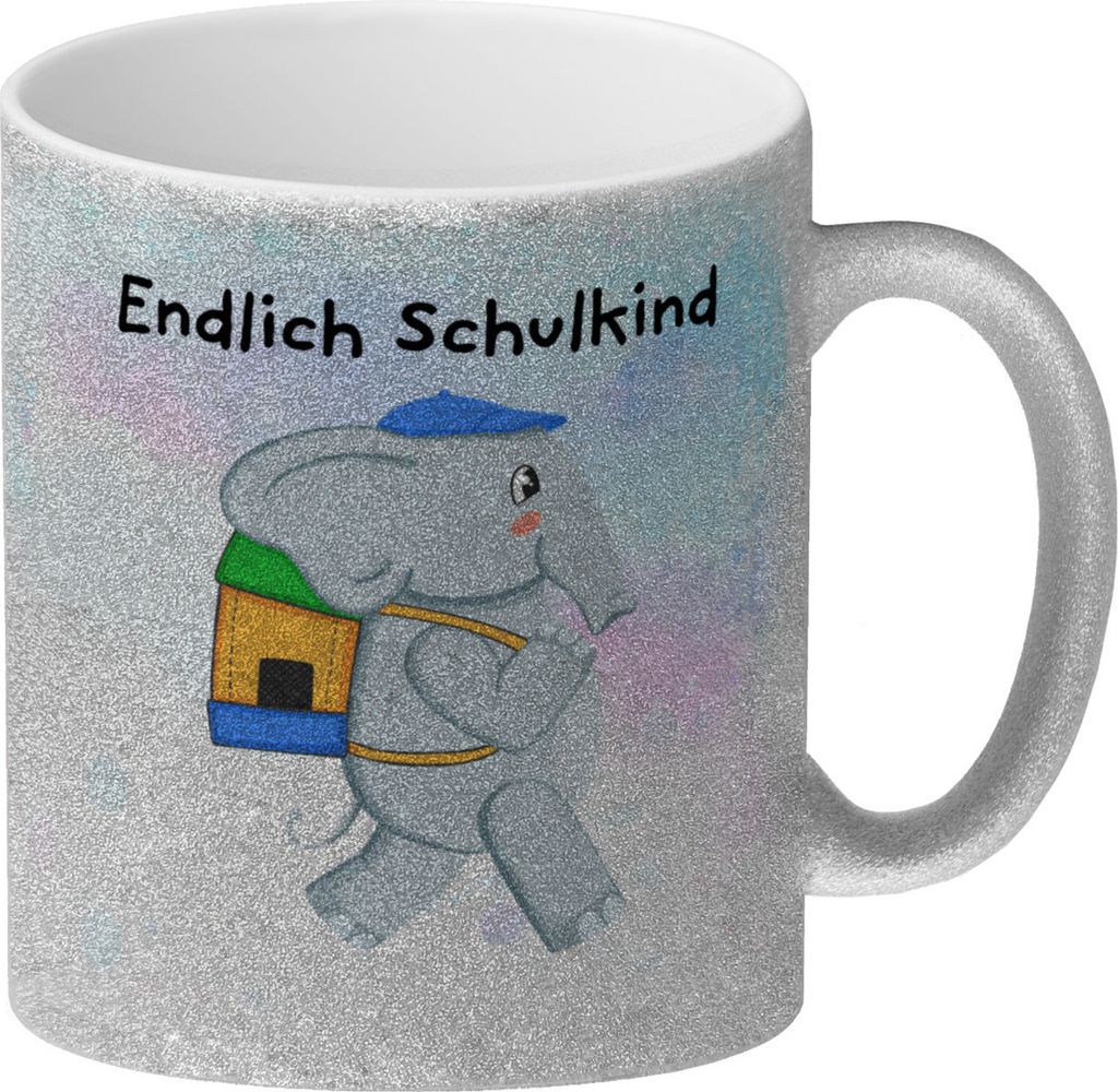 Endlich Schulkind Elefant Glitzer-Kaffeebecher für die Einschulung