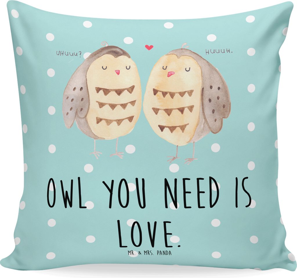 Mr. & Mrs. Panda Deko Kissen Eulen Liebe - Türkis Pastell - Geschenk, Eule, Kuschel, Wortspiel, Liebesspruch, Sofa, Sofakissen 40x40, Paar, Polste...