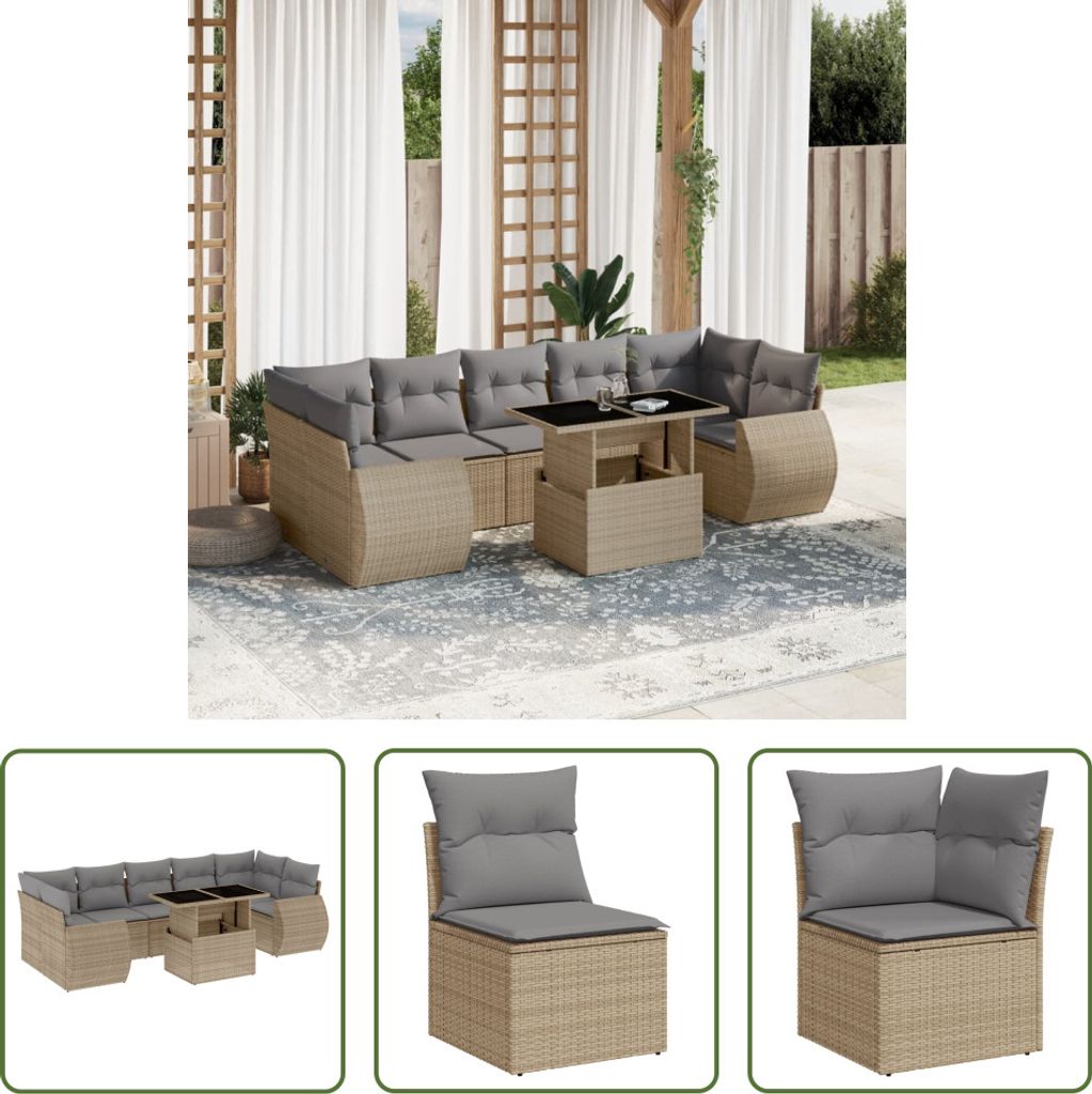 The Living Store 8-tlg. Garten-Sofagarnitur mit Kissen Beige Poly Rattan