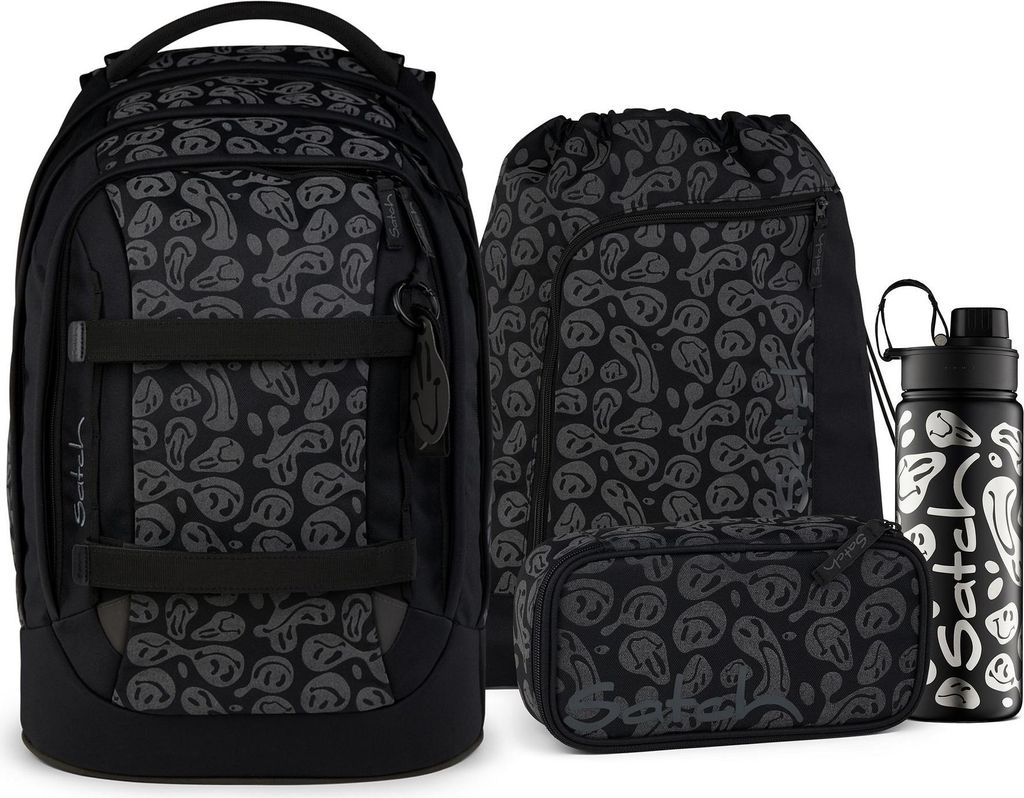 A set of school supplies including a backpack, a drawstring bag, a pencil case, and a water bottle, all with a black and gray patterned design.