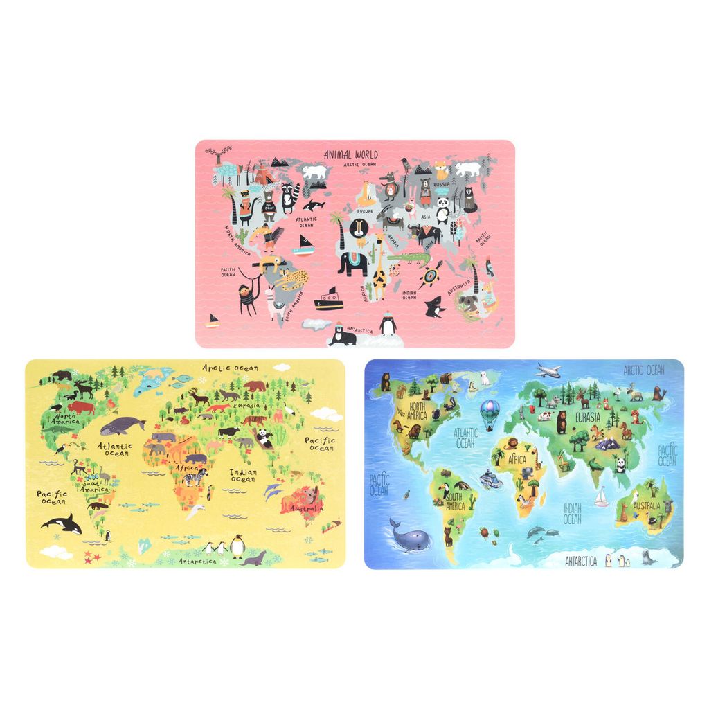 Tischsets für Kinder, 12 Stück, Weltkarte Tierzeichnungen, 43x28 cm
