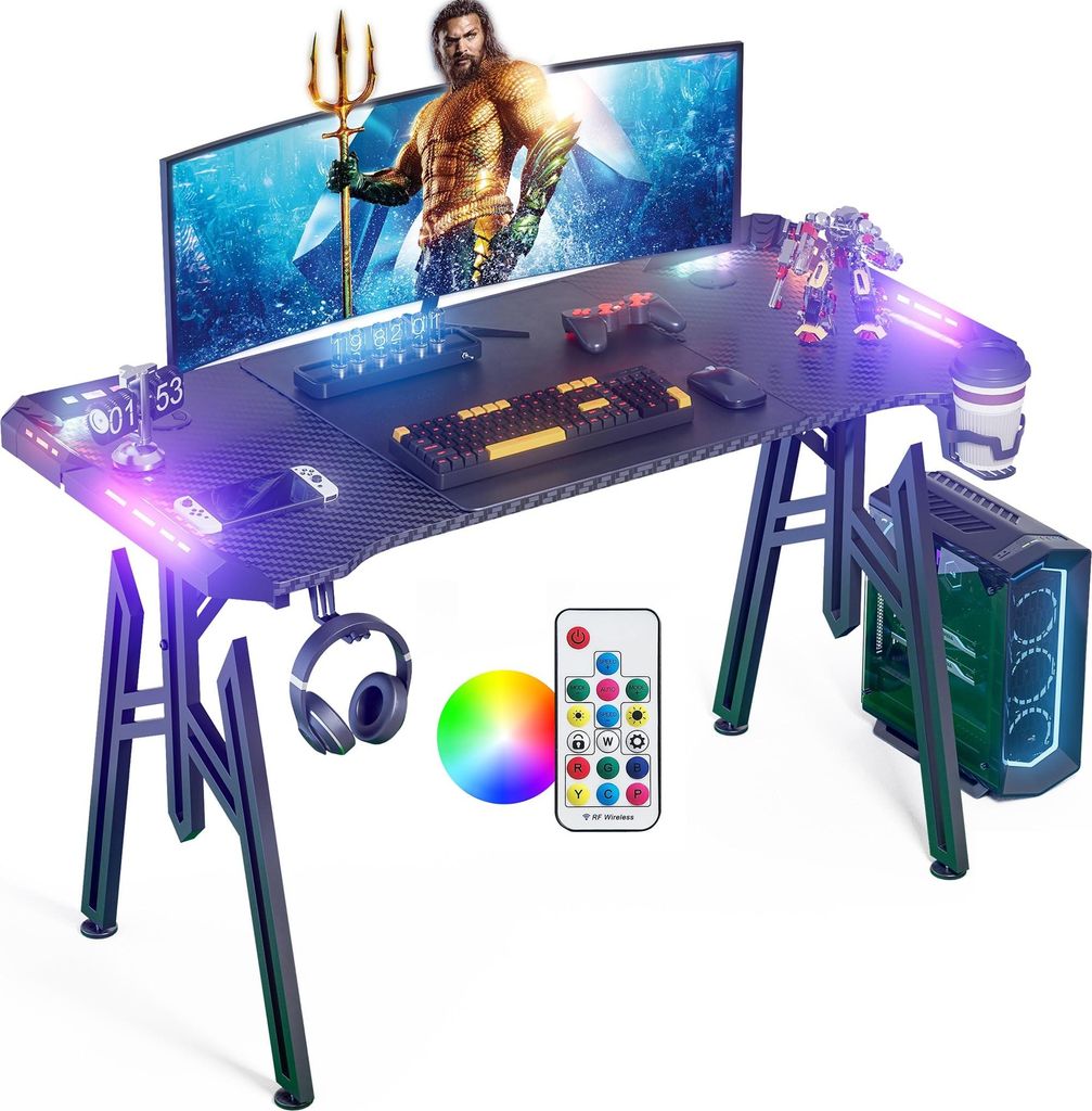 TWOLIIN 160x60x73cm M-Frame Gaming Schreibtisch mit LED, Computertisch mit Getränkehalter und Kopfhörer Haken Kohlefaser-Oberfläche Zocker Tisch...
