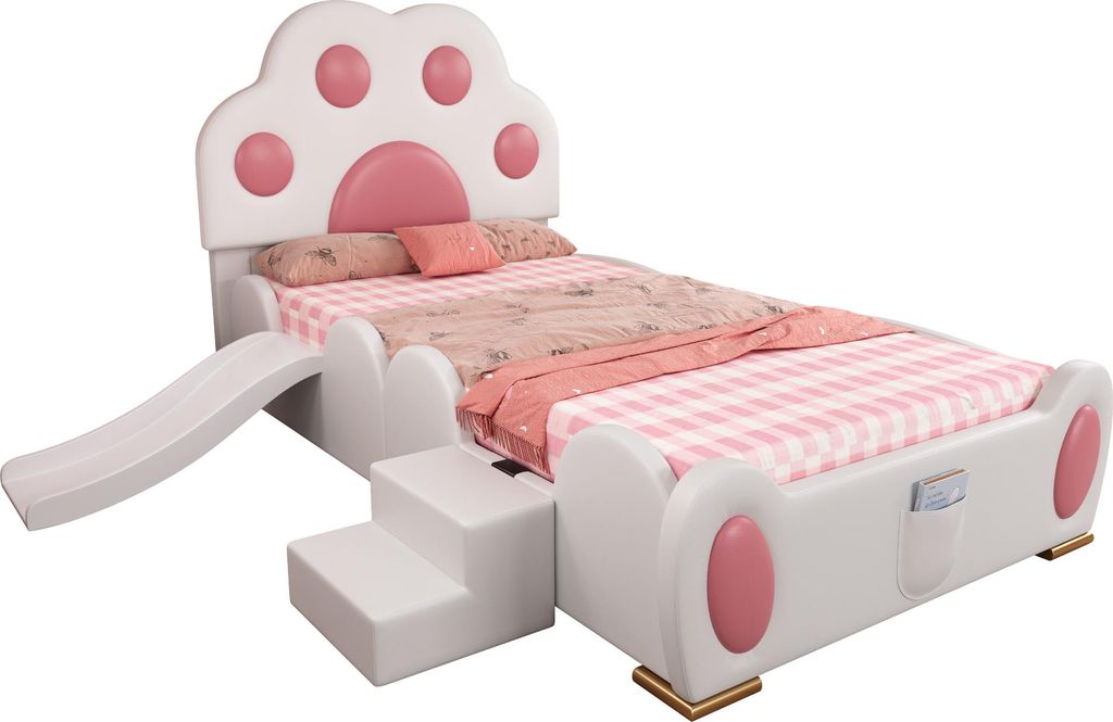Kinderbett mit Rutsche, Treppe, gepolstertem Kopfteil und Rausfallschutz, 90x200cm, Einzelbett Polsterbett, Kunstleder