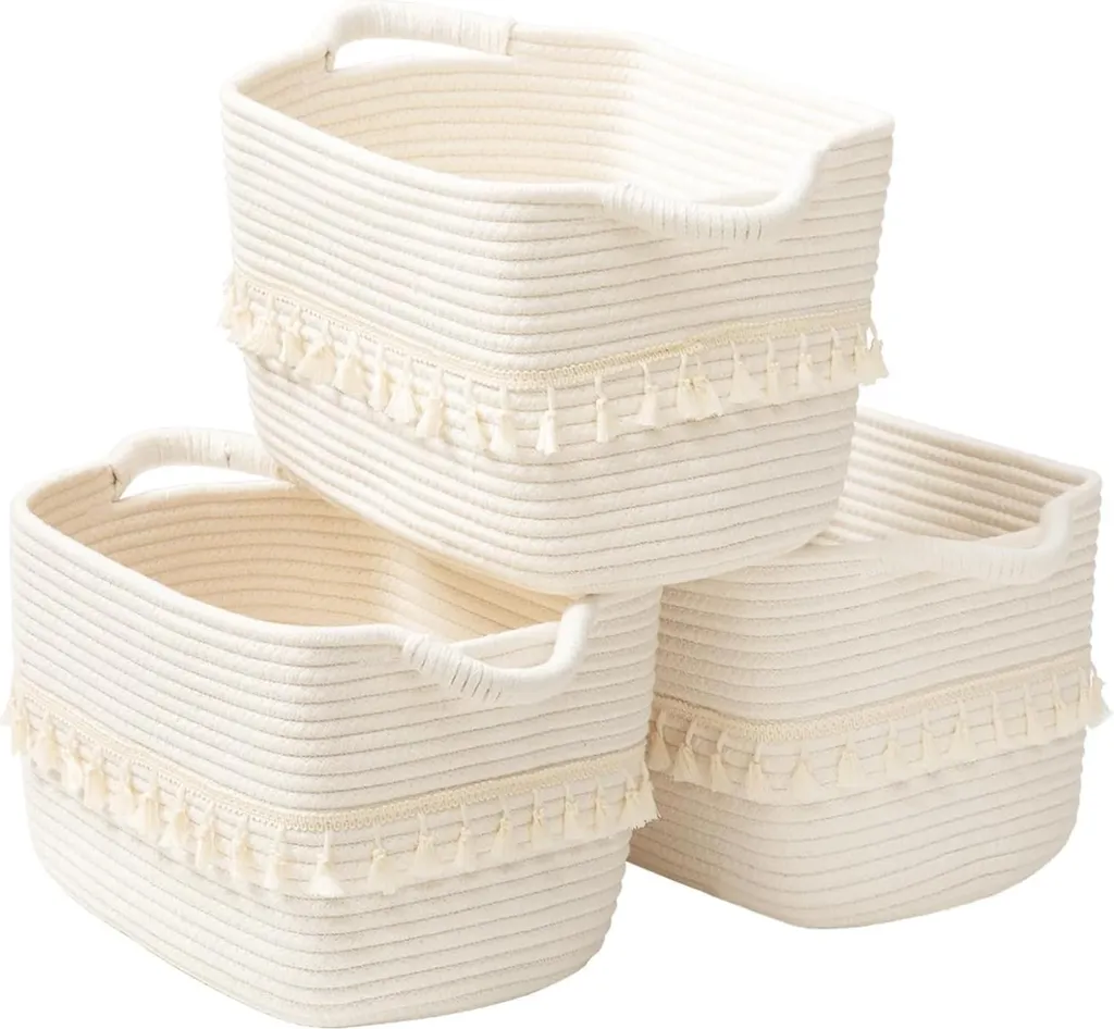 Panier à Linge Tissé en Coton pour Buanderie et Salle de Bain - 3 pcs
