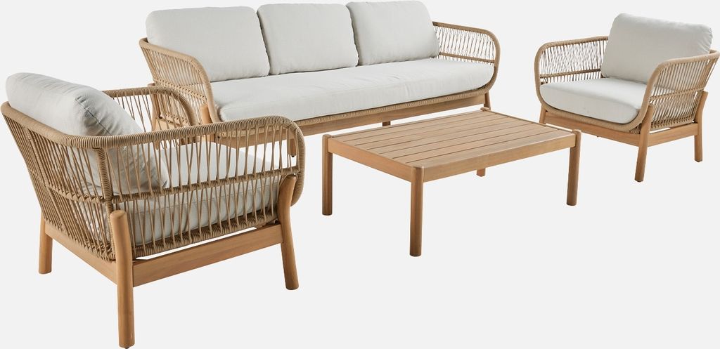 A set of outdoor furniture including a sofa, two armchairs, and a coffee table, all with a natural wood frame and woven rope detailing, and white cushions.