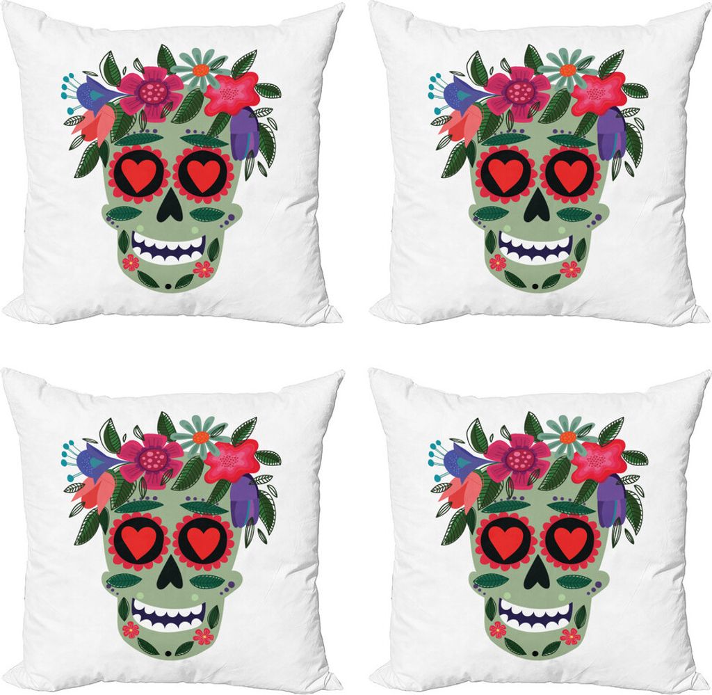 ABAKUHAUS Zuckerschädel Kissenbezug Set (4 Stück), Mexikanische BlumenWreath, Moderner Doppelseitiger Digitaldruck, 50 cm x 50 cm, Mehrfarbig