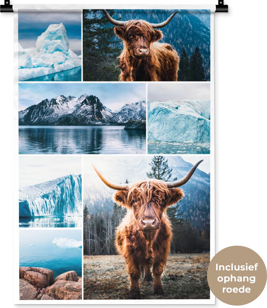 MuchoWow Wandteppich Wandbehang Schottisches Hochlandrind - Collage - Berg - Eiscreme 60x90 cm Tapisserie Dekoration Wandtuch - Foto-Teppich - Ab...