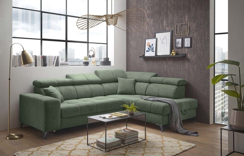 Sydney Ecksofa 282 x 128 cm, Funktion wählbar, Grün, Ausführung:Links, Funktion:elektrische Sitztiefenverstellung & Bettkasten