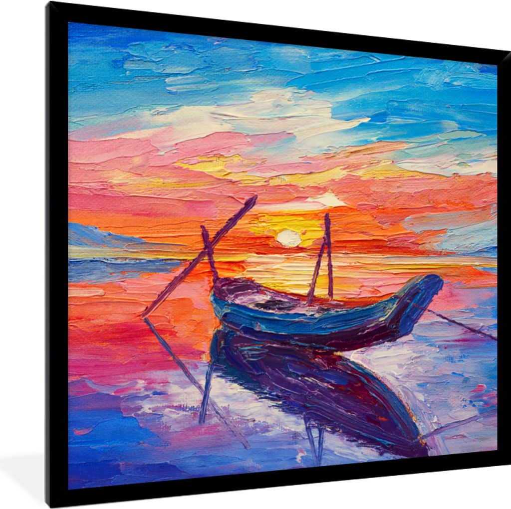 MuchoWow Gerahmtes Poster Malerei - Boot - Ölfarbe - Wasser 40x40 cm - Poster mit Schwarzem Bilderrahmen Wandposter Rahmen Foto Bilder - Mit Rah...