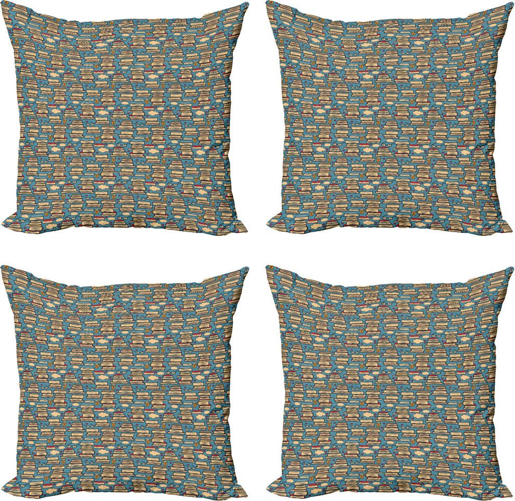 ABAKUHAUS Geek Kissenbezug Set (4 Stück), Stapel Bücher Kaffee, Moderner Doppelseitiger Digitaldruck, 40 cm x 40 cm, Mehrfarbig
