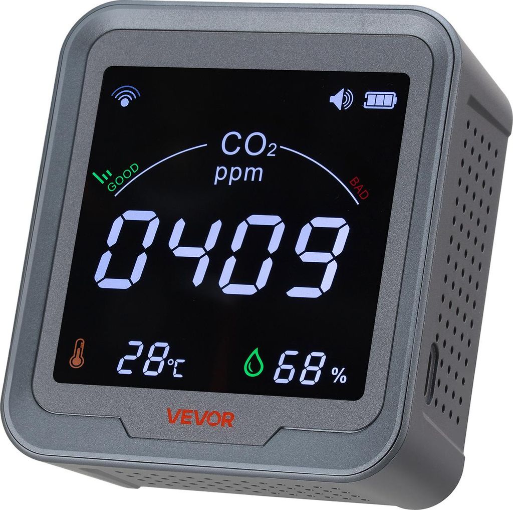 VEVOR WLAN-CO2-Detektor, CO2-Monitor mit Temperatur- & Feuchtigkeitsanzeige, NDIR-Sensor, Kohlendioxid-Messgerät, CO2-Melder für den Außenbereic...