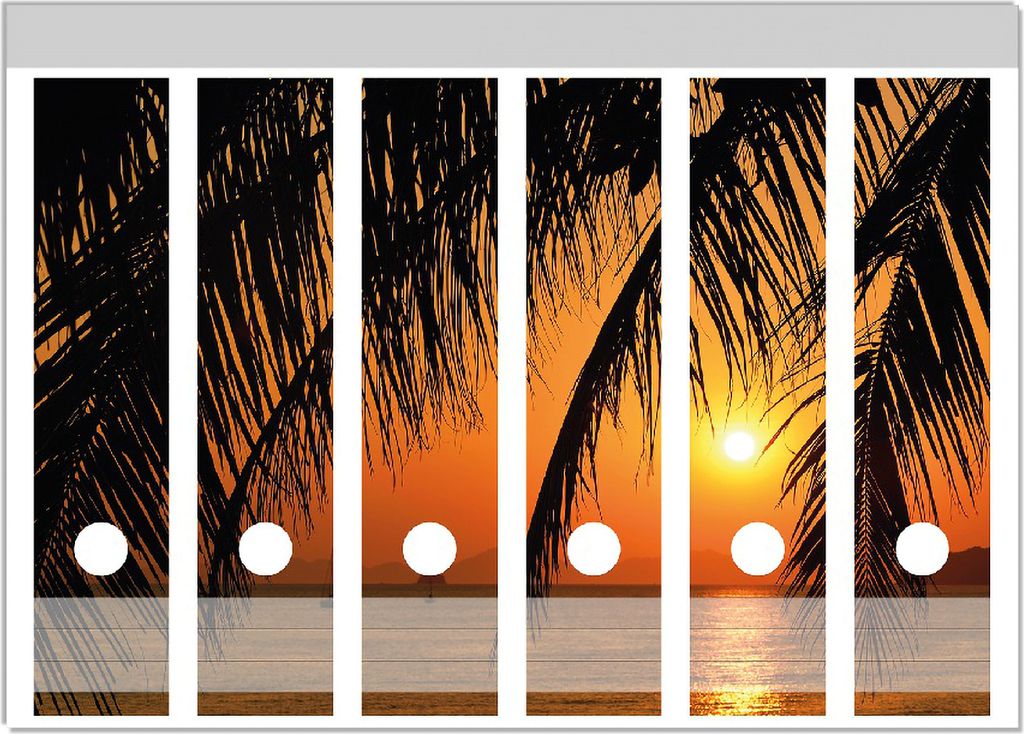 Wallario Ordnerrücken Sticker, selbstklebend für breite Ordner, 6 Stück, Motiv Sonnenuntergang unter Palmenblättern