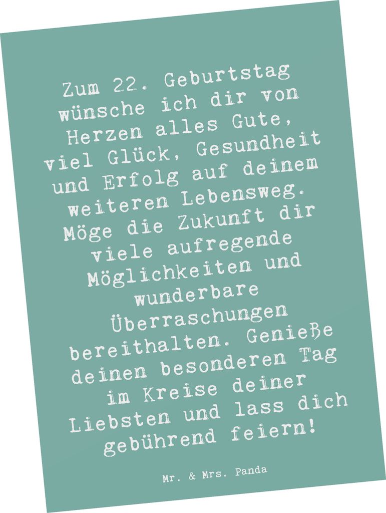 Mr. & Mrs. Panda Ansichtskarte Spruch 22. Geburtstag - Meeresbrise - Geschenk, Glückwünsche, Postkarten, Happy Birthday, Grußkarte, besonderer T...