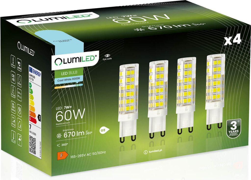LUMILED LED Lampen G9 4er Set LEDs 7W = 60W 6500K Kaltweiß Produktbild 