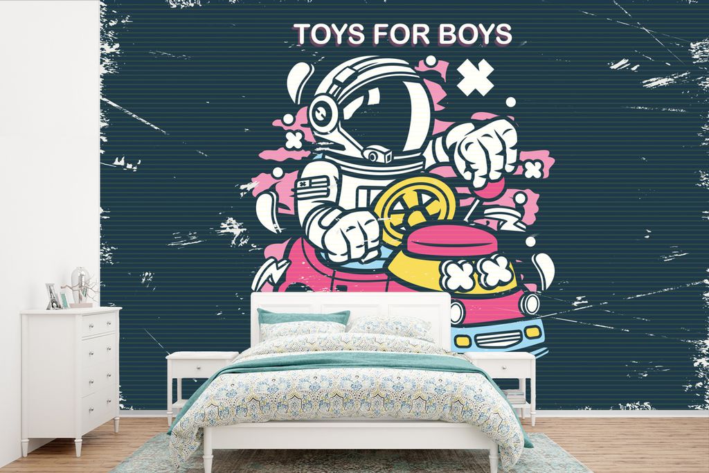 MuchoWow Fototapete für Wohnzimmer oder Schlafzimmer Wandtapete Vinyl Motivtapete Jahrgang - Astronaut - Auto - 450x300 cm - Gemusterte