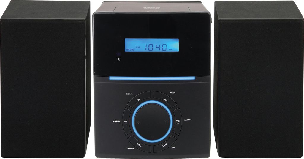 A black compact stereo system with two speakers, a CD player, and an FM radio display.