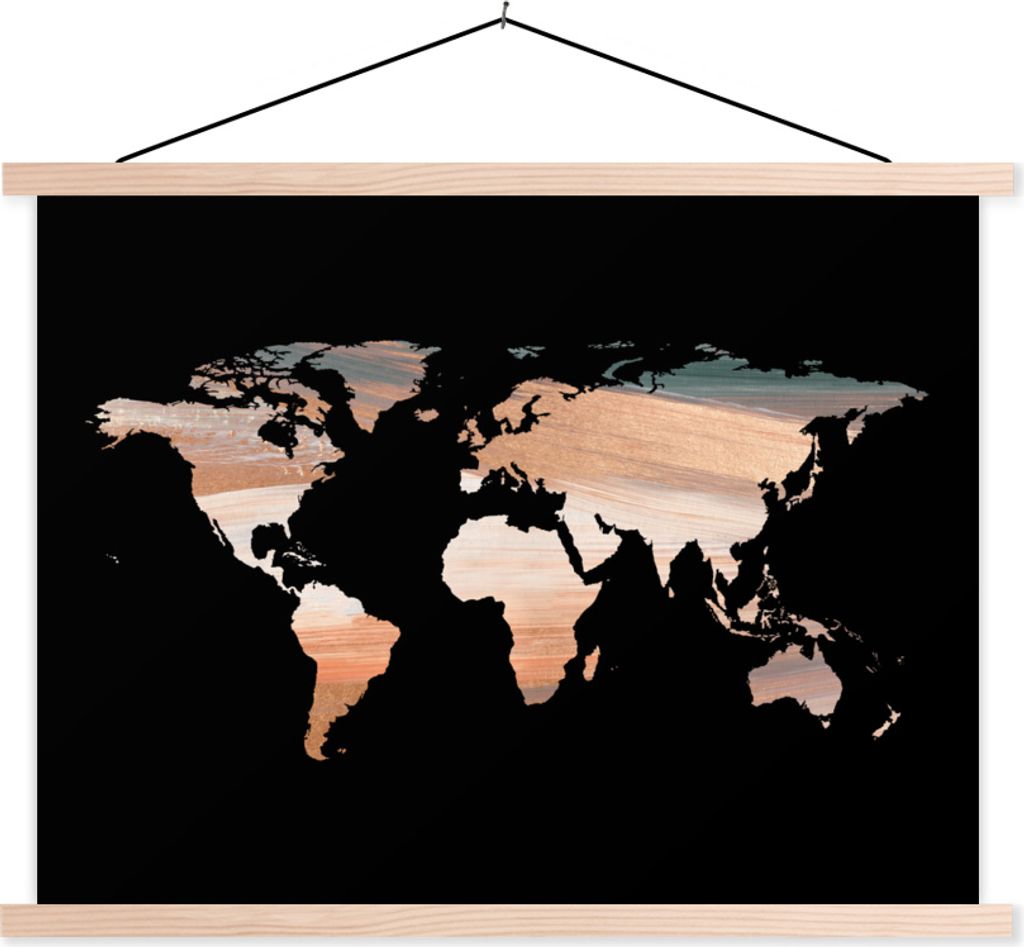 MuchoWow Textilposter Weltkarte - Farben - Schwarz 150x113 cm mit holzfarbenen Rahmen - Poster
