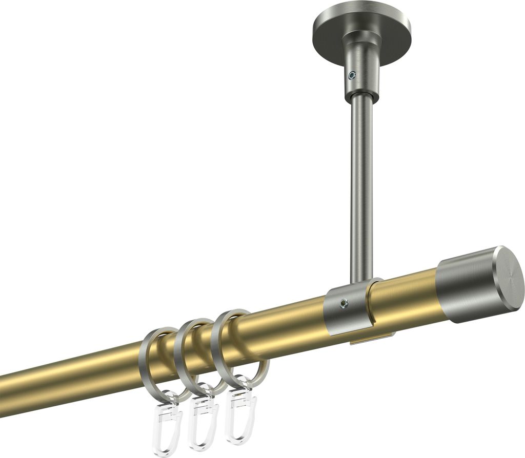 Interdeco Gardinenstange / Vorhangstange Messing-Optik / Edelstahl-Optik, Typ Sonette Santo (Kappe) Deckenmontage, 20 mm Ø 1-läufig, 120 cm