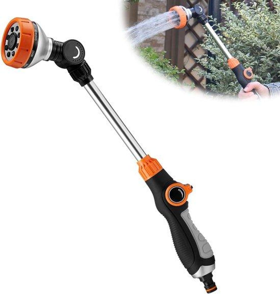 Lang Handdouche mit 8 Spuitbeugen, 47cm, Duimbedienung, abnehmbares Mundstück, für Plantenwasserung, Schwarz/Grün, 1 Stück