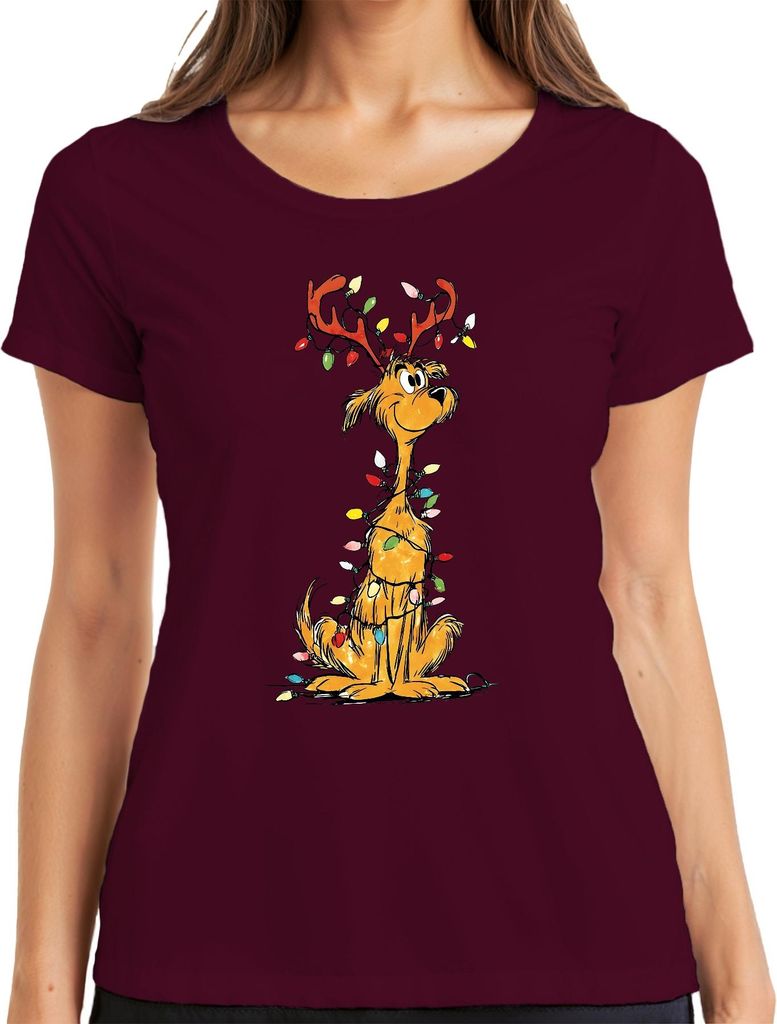 Weihnachtshund Rentier Lichterkette Lustig Geschenk Familie Retro Damen T-Shirt, Burgundy, 3XL