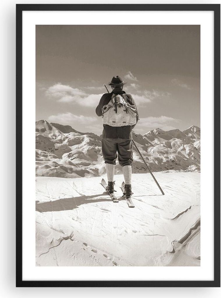 Gerahmtes Poster - Schwarzer Rahmen - Skifahrer Bayern Sepia - 50x70 cm - Wand Bild - Wanddeko - Wandbilder - Kunstposter - Wandposter - Bilderrahm...