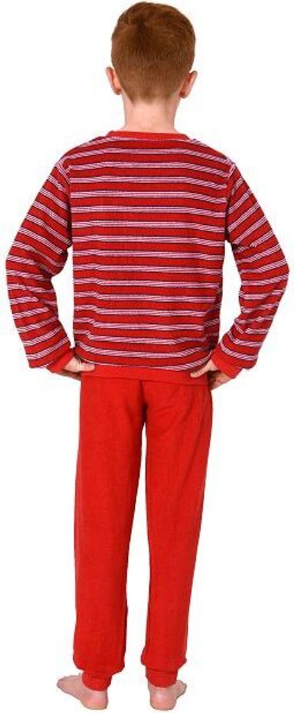 Jungen Frottee Pyjama in Ringel-Optik, warmer Schlafanzug mit Bündchen in tollen Farben ; rot , 164
