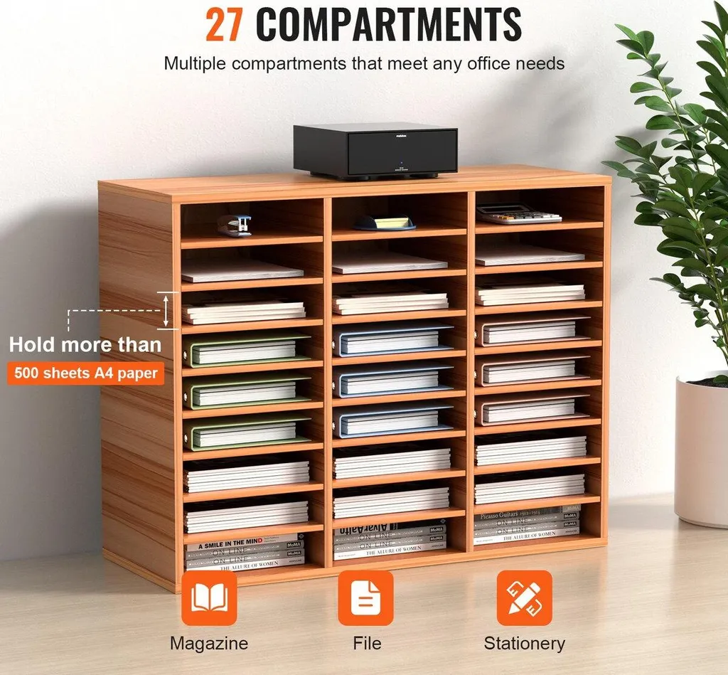 Support de rangement bois blanc 27 compartiments format A4 robuste