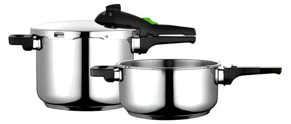 Two stainless steel pressure cookers on a white background.