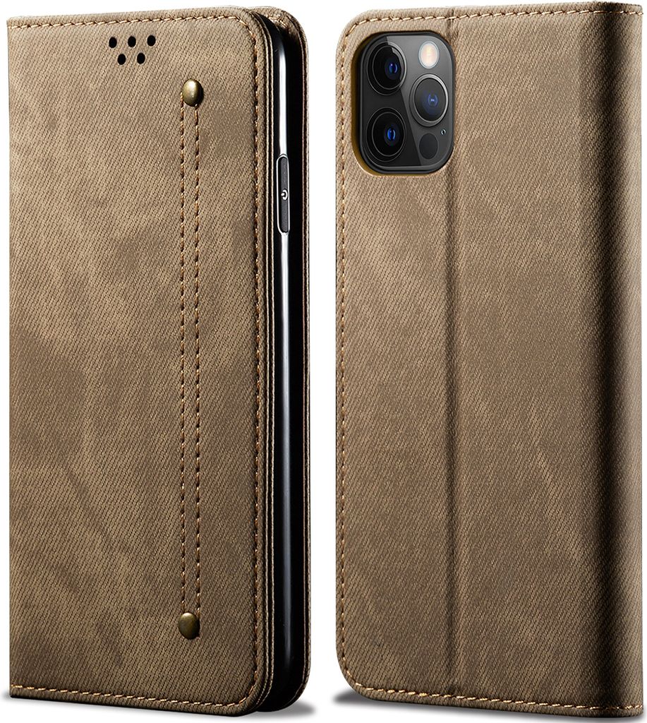 iPhone 14 Pro Max Hülle, Denim Leder Brieftasche Magnetverschluss Flip Bookstyle Schutzhülle mit Standfunktion für iPhone 14 Pro Max Khaki