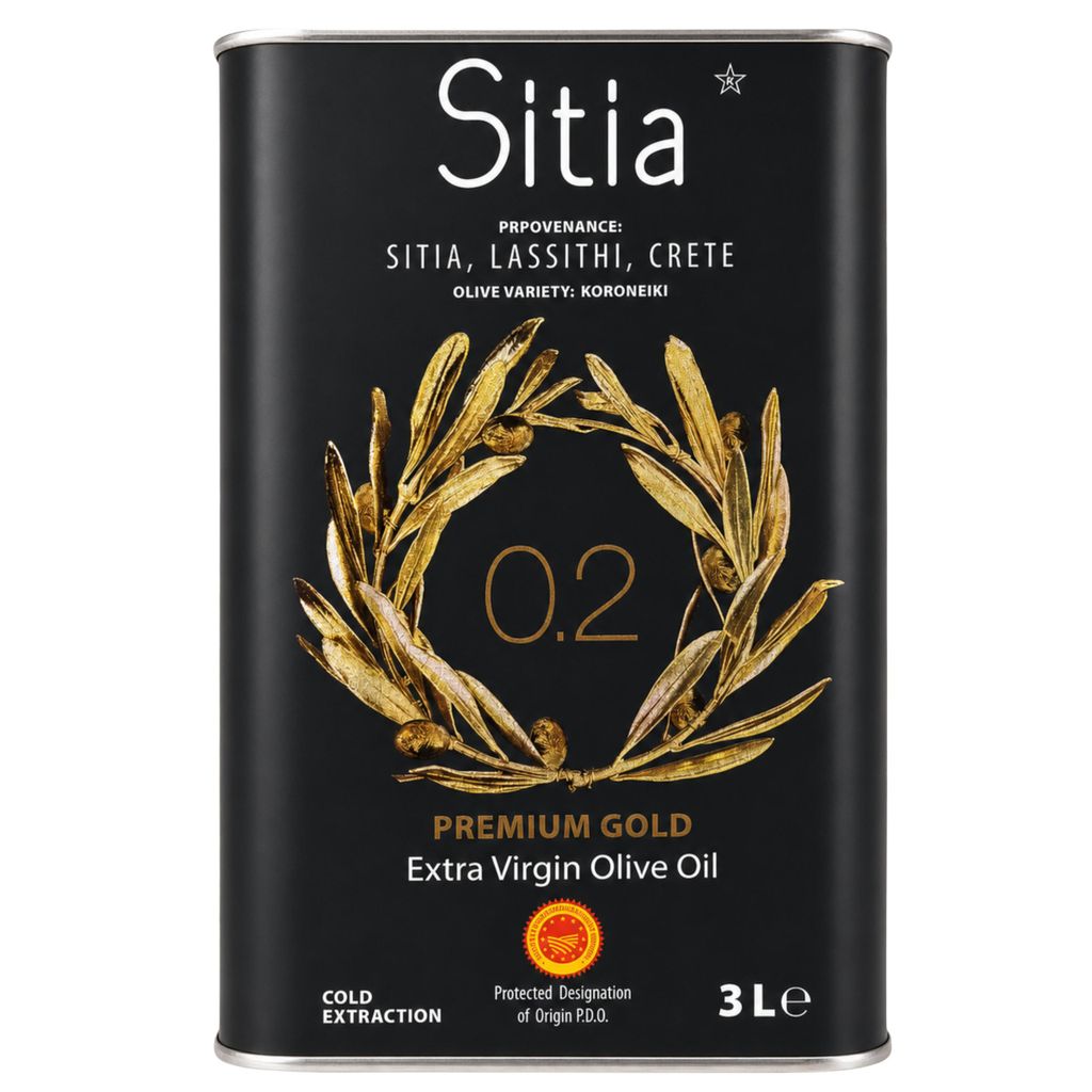 Sitia Premium Gold Olivenöl 3 L Kanister auf rein weißem Hintergrund