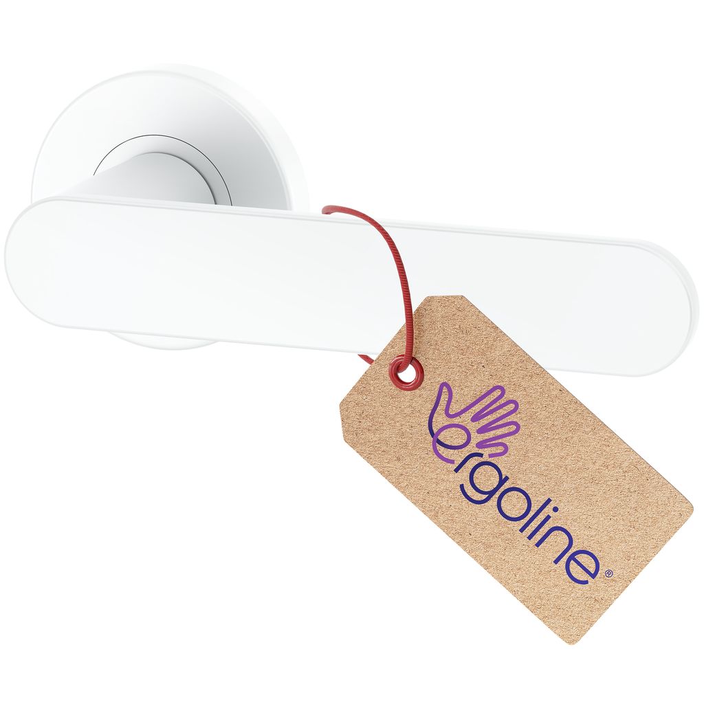 A white door handle with a tag attached.