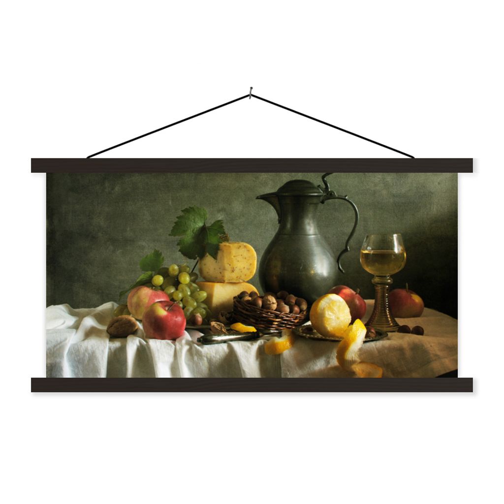 MuchoWow Textilposter Rustikal - Käse - Teekanne - Obst - Stilleben 150x75 cm mit schwarzem Rahmen - Posterleiste