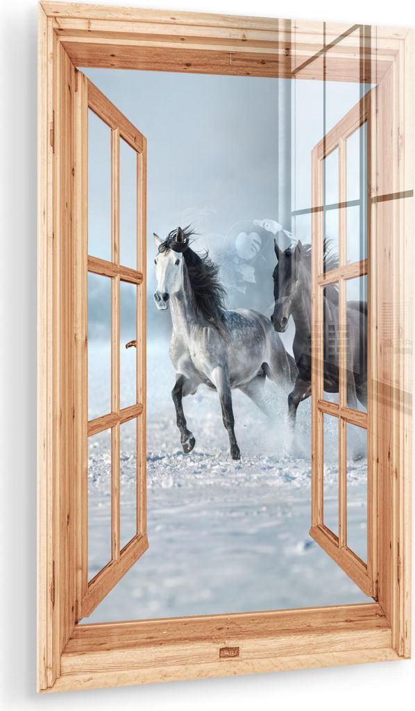 MuchoWow Glasbilder - Bilder auf Wandbild - Foto auf Glas Durchsichtig - Pferde - Winter - Tiere - Natur - Holz 60x90 cm Wanddekoration aus Glas - ...
