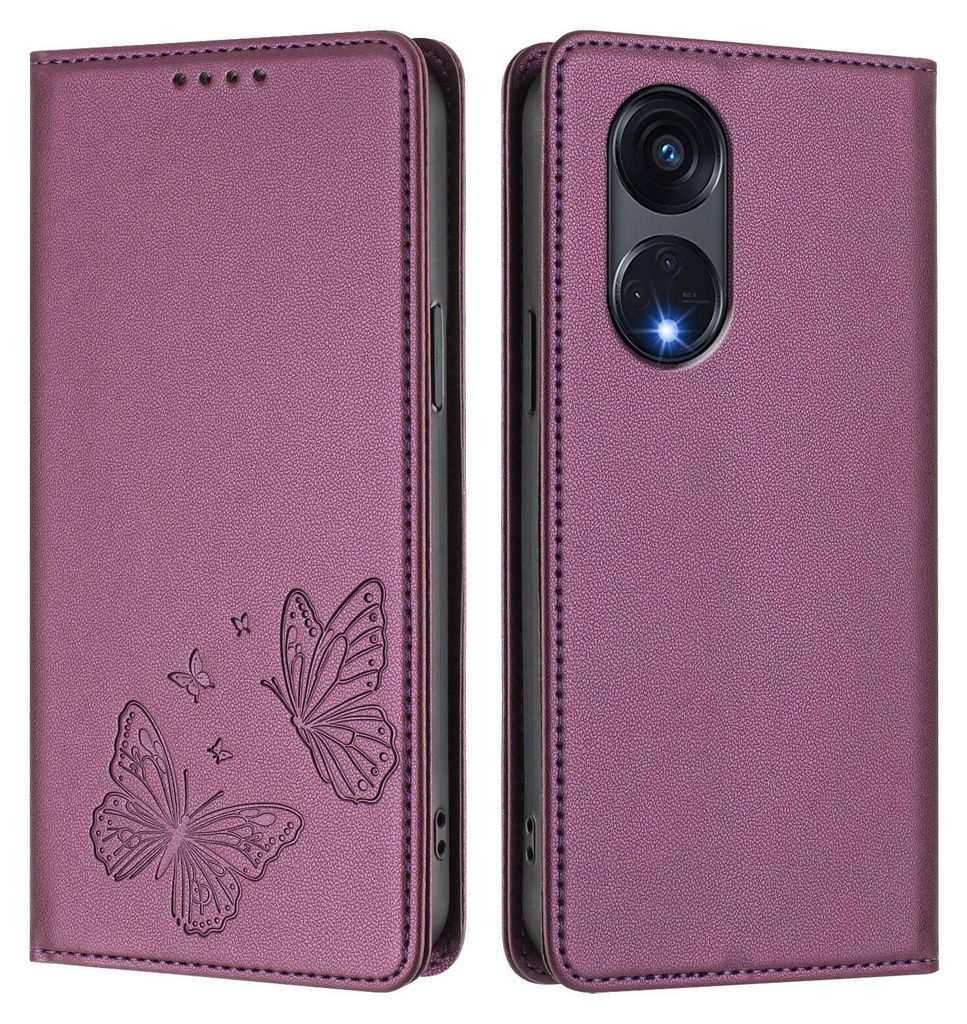 Lederhülle für Oppo Reno8 T 5G, Schmetterling Prägung Leder Brieftasche Schutzhülle mit Ständer Lila