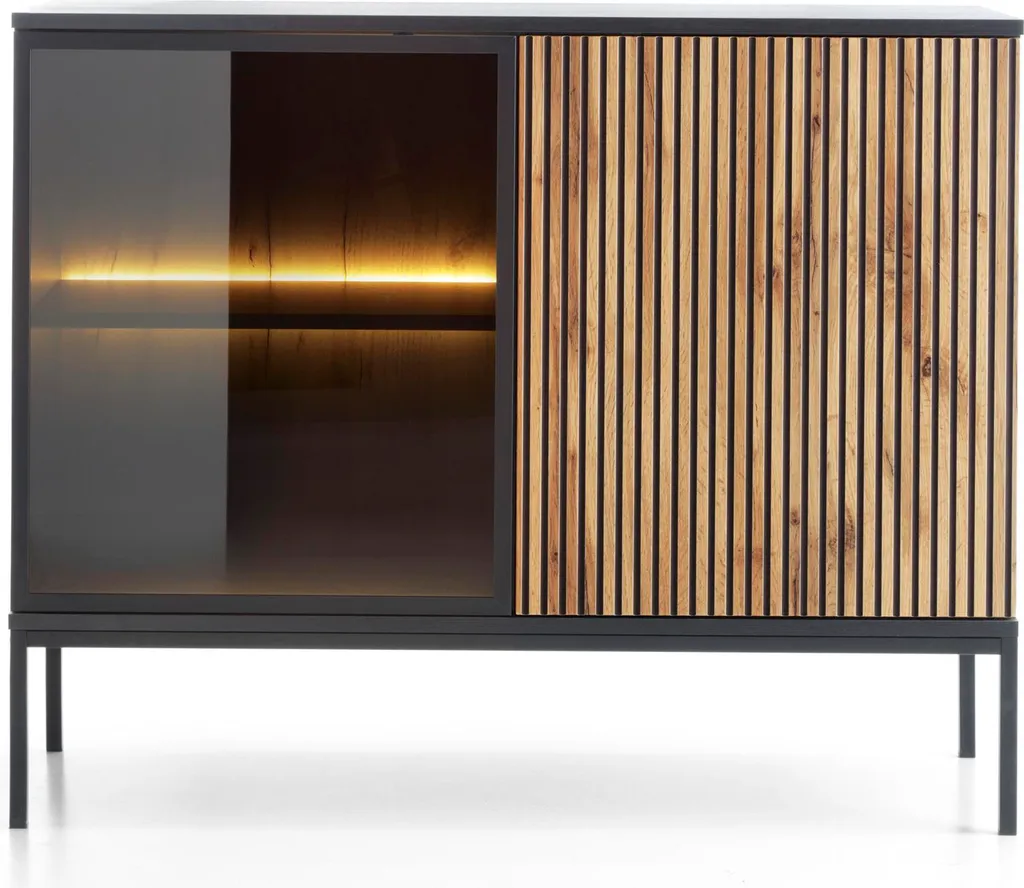 Commode moderne façade cannelée noir et chêne Wotan - 104x83x39 cm