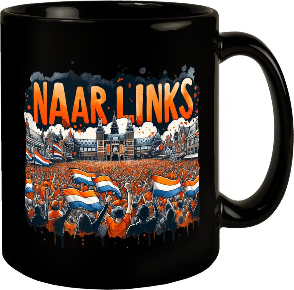 Niederländische Fußballfans Tasse in Schwarz mit Spruch Naar Links